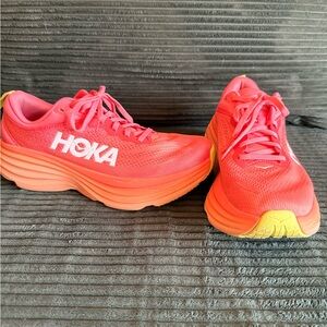 Hoka Women's Coral-Pink Running Shoes with Lime Accents